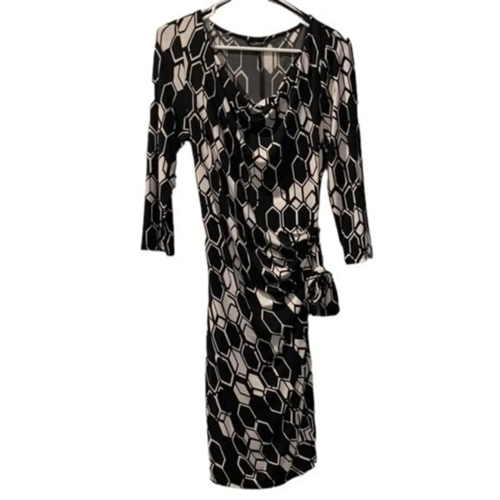 Glamour Black Tan Tie Dress 3/4 Sleeve Size 12/14 EUC #0021